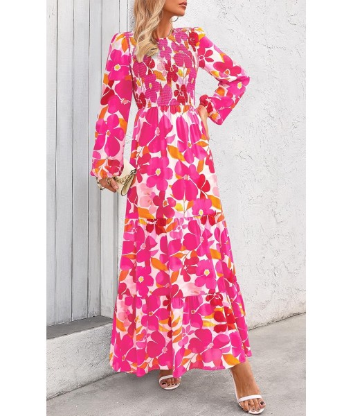PRETTYGARDEN Women's Fall Dresses 2025 Long Sleeve Flowy Casual Floral Maxi Dress Crew Neck Smocked Tiered Long Dress