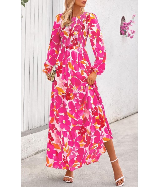 PRETTYGARDEN Women's Fall Dresses 2025 Long Sleeve Flowy Casual Floral Maxi Dress Crew Neck Smocked Tiered Long Dress