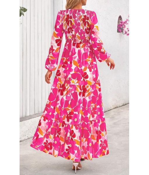 PRETTYGARDEN Women's Fall Dresses 2025 Long Sleeve Flowy Casual Floral Maxi Dress Crew Neck Smocked Tiered Long Dress