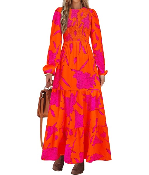 PRETTYGARDEN Women's Fall Dresses 2025 Long Sleeve Flowy Casual Floral Maxi Dress Crew Neck Smocked Tiered Long Dress