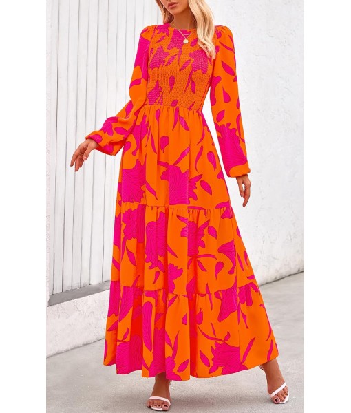 PRETTYGARDEN Women's Fall Dresses 2025 Long Sleeve Flowy Casual Floral Maxi Dress Crew Neck Smocked Tiered Long Dress