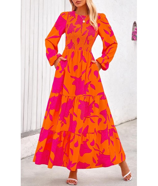 PRETTYGARDEN Women's Fall Dresses 2025 Long Sleeve Flowy Casual Floral Maxi Dress Crew Neck Smocked Tiered Long Dress