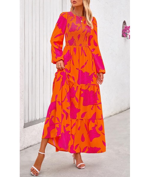 PRETTYGARDEN Women's Fall Dresses 2025 Long Sleeve Flowy Casual Floral Maxi Dress Crew Neck Smocked Tiered Long Dress