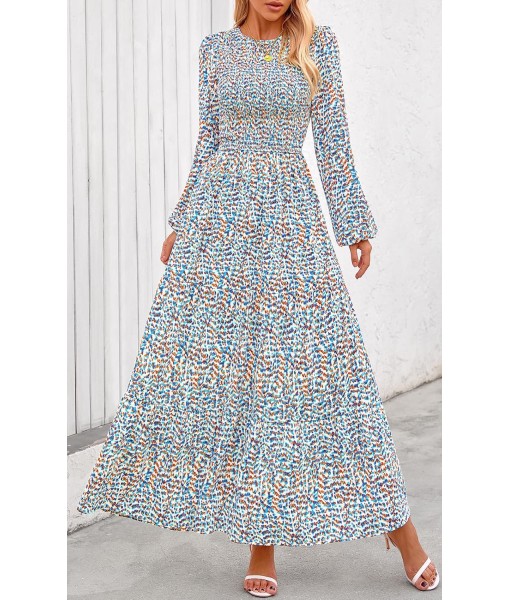 PRETTYGARDEN Women's Fall Dresses 2025 Long Sleeve Flowy Casual Floral Maxi Dress Crew Neck Smocked Tiered Long Dress