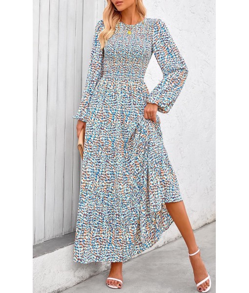PRETTYGARDEN Women's Fall Dresses 2025 Long Sleeve Flowy Casual Floral Maxi Dress Crew Neck Smocked Tiered Long Dress
