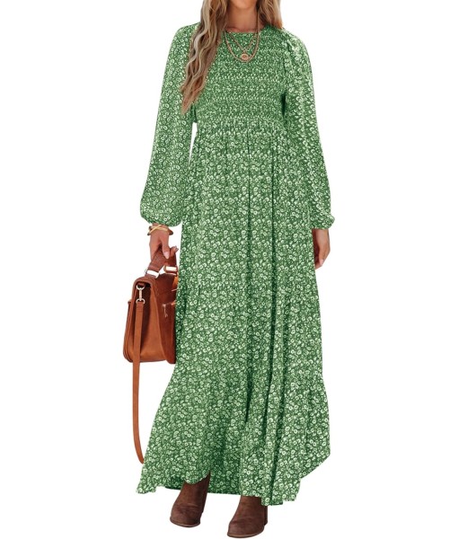 PRETTYGARDEN Women's Fall Dresses 2025 Long Sleeve Flowy Casual Floral Maxi Dress Crew Neck Smocked Tiered Long Dress