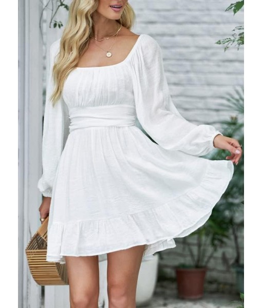 Dokotoo Womens Dress Long Lantern Sleeve Square Neck Tie Backless Sexy Dress Ruffle Elastic Waist A-Line Mini Dress
