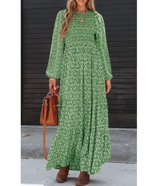 PRETTYGARDEN Women's Fall Dresses 2025 Long Sleeve Flowy Casual Floral Maxi Dress Crew Neck Smocked Tiered Long Dress