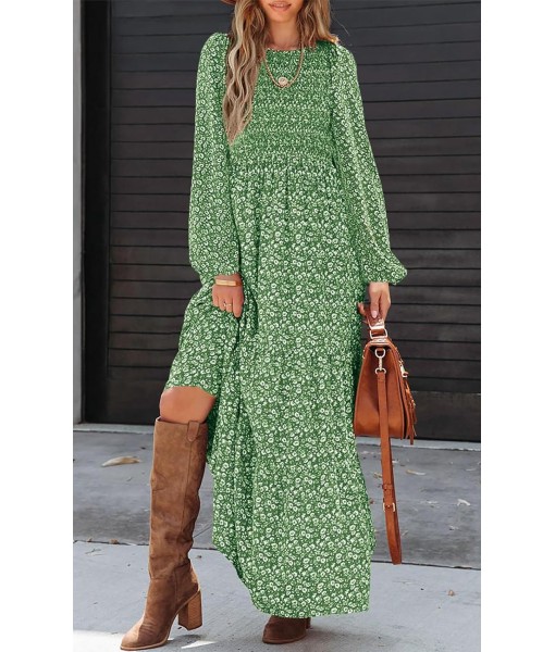 PRETTYGARDEN Women's Fall Dresses 2025 Long Sleeve Flowy Casual Floral Maxi Dress Crew Neck Smocked Tiered Long Dress