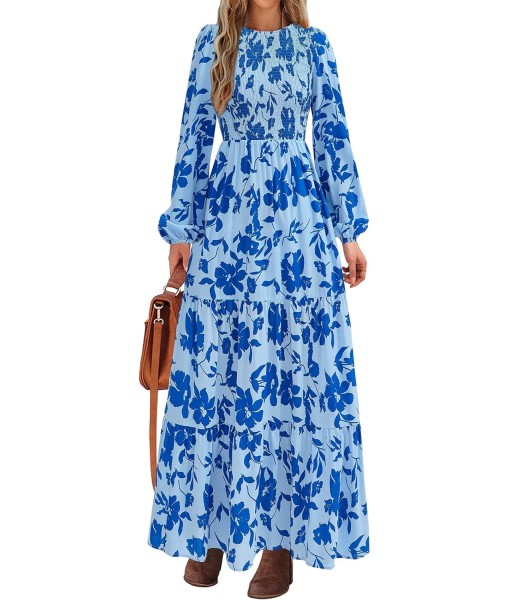 PRETTYGARDEN Women's Fall Dresses 2025 Long Sleeve Flowy Casual Floral Maxi Dress Crew Neck Smocked Tiered Long Dress