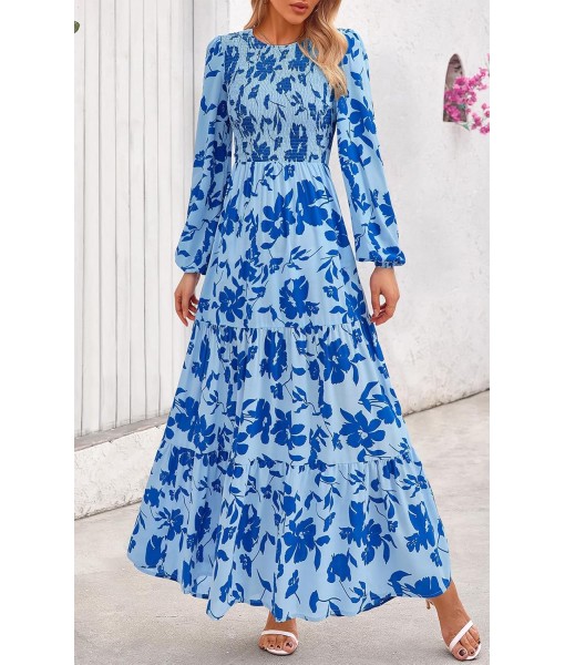 PRETTYGARDEN Women's Fall Dresses 2025 Long Sleeve Flowy Casual Floral Maxi Dress Crew Neck Smocked Tiered Long Dress