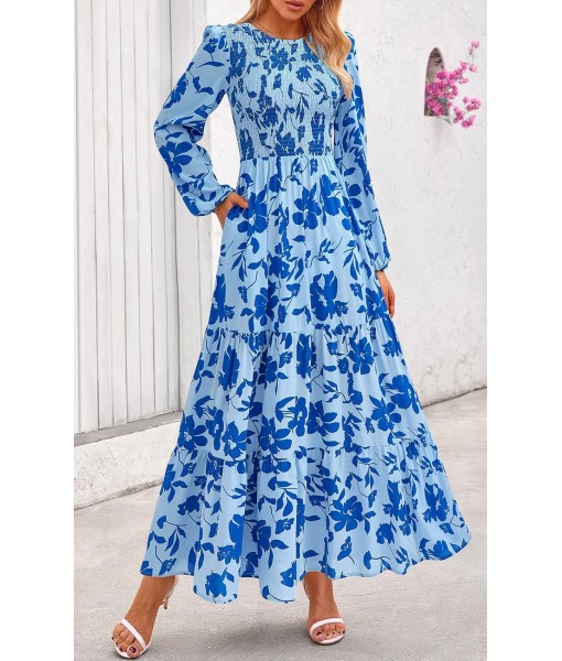 PRETTYGARDEN Women's Fall Dresses 2025 Long Sleeve Flowy Casual Floral Maxi Dress Crew Neck Smocked Tiered Long Dress