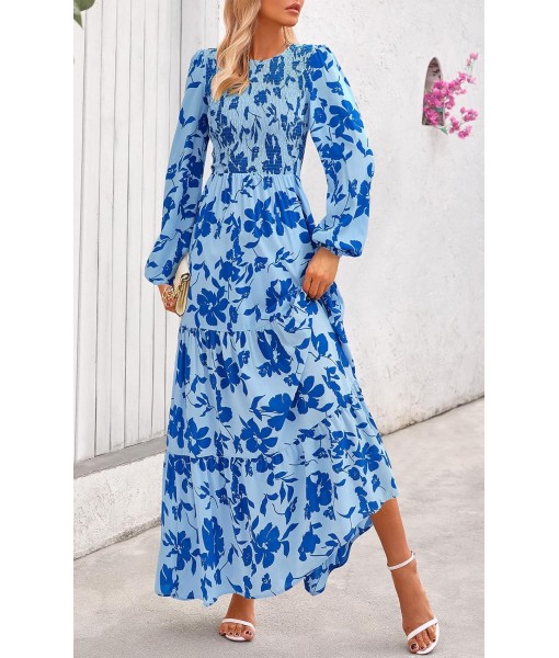 PRETTYGARDEN Women's Fall Dresses 2025 Long Sleeve Flowy Casual Floral Maxi Dress Crew Neck Smocked Tiered Long Dress