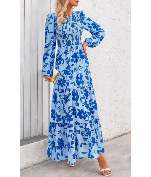 PRETTYGARDEN Women's Fall Dresses 2025 Long Sleeve Flowy Casual Floral Maxi Dress Crew Neck Smocked Tiered Long Dress