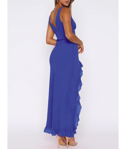 Women Sexy V Neck Sleeveless Mesh Ruffle Hem Bodycon Maxi Casual Backless High Slit Cocktail Party Dress