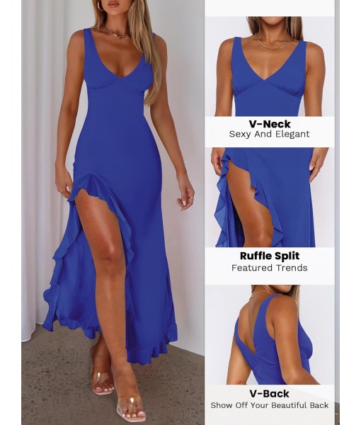 Women Sexy V Neck Sleeveless Mesh Ruffle Hem Bodycon Maxi Casual Backless High Slit Cocktail Party Dress