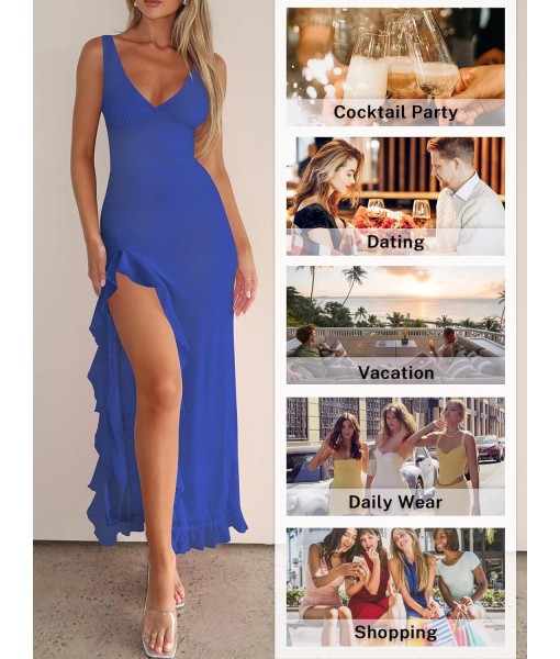Women Sexy V Neck Sleeveless Mesh Ruffle Hem Bodycon Maxi Casual Backless High Slit Cocktail Party Dress
