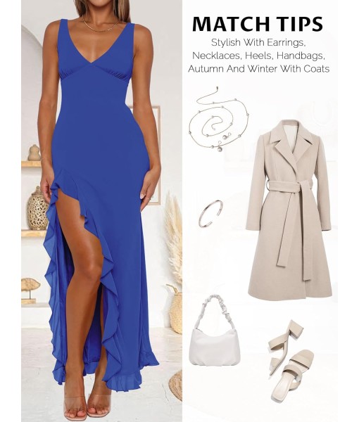 Women Sexy V Neck Sleeveless Mesh Ruffle Hem Bodycon Maxi Casual Backless High Slit Cocktail Party Dress