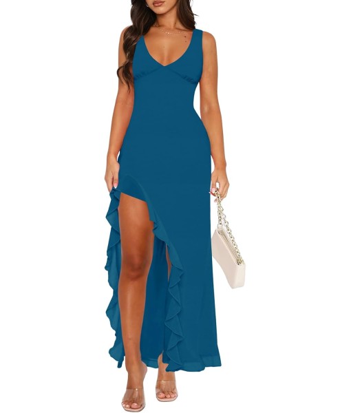 Women Sexy V Neck Sleeveless Mesh Ruffle Hem Bodycon Maxi Casual Backless High Slit Cocktail Party Dress