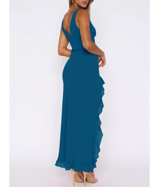 Women Sexy V Neck Sleeveless Mesh Ruffle Hem Bodycon Maxi Casual Backless High Slit Cocktail Party Dress