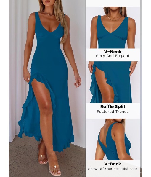 Women Sexy V Neck Sleeveless Mesh Ruffle Hem Bodycon Maxi Casual Backless High Slit Cocktail Party Dress