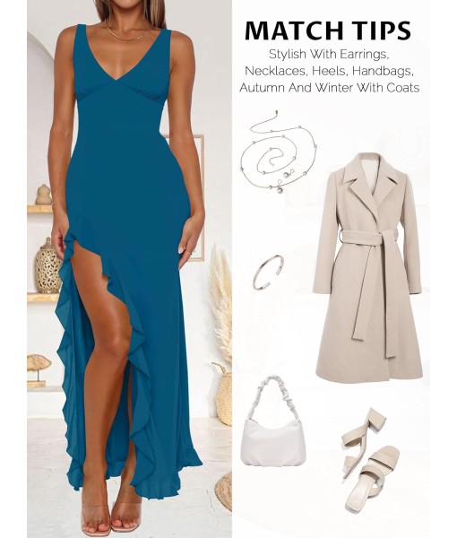 Women Sexy V Neck Sleeveless Mesh Ruffle Hem Bodycon Maxi Casual Backless High Slit Cocktail Party Dress