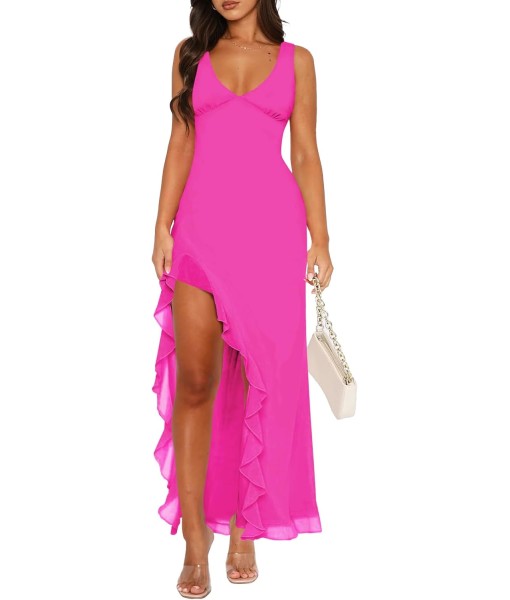 Women Sexy V Neck Sleeveless Mesh Ruffle Hem Bodycon Maxi Casual Backless High Slit Cocktail Party Dress