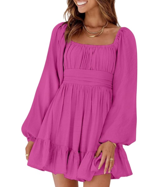 Dokotoo Womens Dress Long Lantern Sleeve Square Neck Tie Backless Sexy Dress Ruffle Elastic Waist A-Line Mini Dress