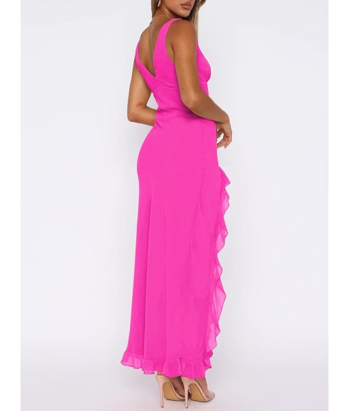 Women Sexy V Neck Sleeveless Mesh Ruffle Hem Bodycon Maxi Casual Backless High Slit Cocktail Party Dress