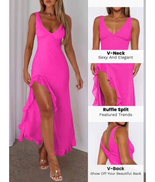 Women Sexy V Neck Sleeveless Mesh Ruffle Hem Bodycon Maxi Casual Backless High Slit Cocktail Party Dress