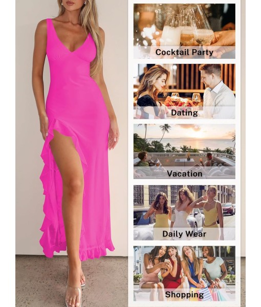 Women Sexy V Neck Sleeveless Mesh Ruffle Hem Bodycon Maxi Casual Backless High Slit Cocktail Party Dress