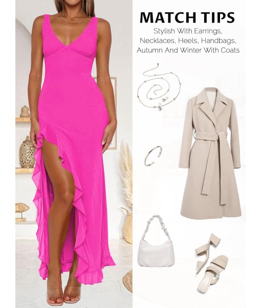 Women Sexy V Neck Sleeveless Mesh Ruffle Hem Bodycon Maxi Casual Backless High Slit Cocktail Party Dress