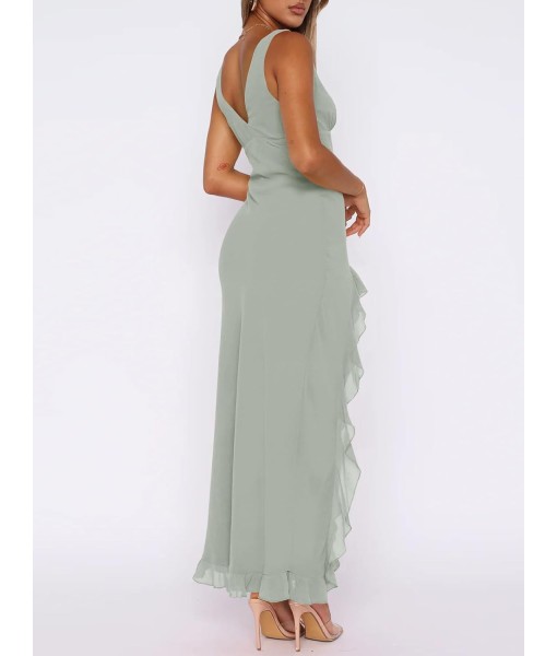Women Sexy V Neck Sleeveless Mesh Ruffle Hem Bodycon Maxi Casual Backless High Slit Cocktail Party Dress