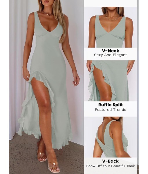 Women Sexy V Neck Sleeveless Mesh Ruffle Hem Bodycon Maxi Casual Backless High Slit Cocktail Party Dress