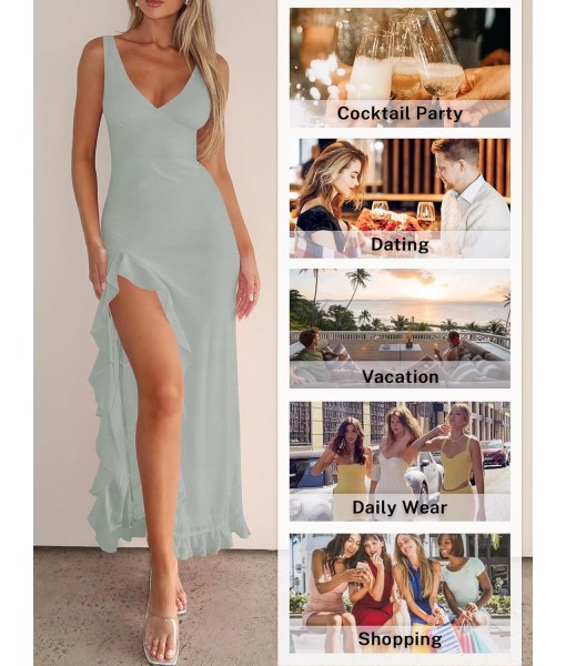 Women Sexy V Neck Sleeveless Mesh Ruffle Hem Bodycon Maxi Casual Backless High Slit Cocktail Party Dress