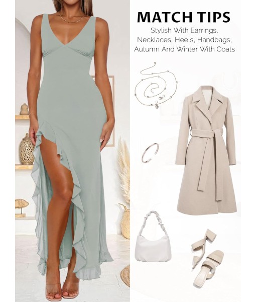 Women Sexy V Neck Sleeveless Mesh Ruffle Hem Bodycon Maxi Casual Backless High Slit Cocktail Party Dress