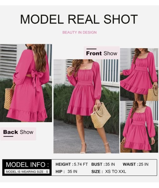 Dokotoo Womens Dress Long Lantern Sleeve Square Neck Tie Backless Sexy Dress Ruffle Elastic Waist A-Line Mini Dress