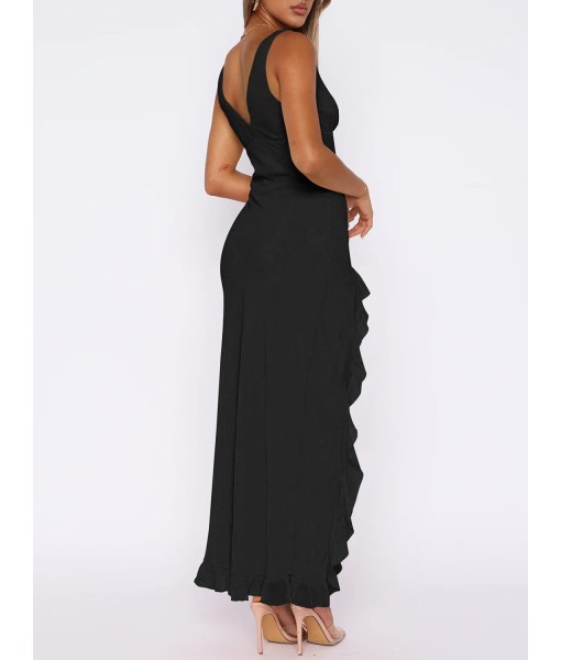 Women Sexy V Neck Sleeveless Mesh Ruffle Hem Bodycon Maxi Casual Backless High Slit Cocktail Party Dress