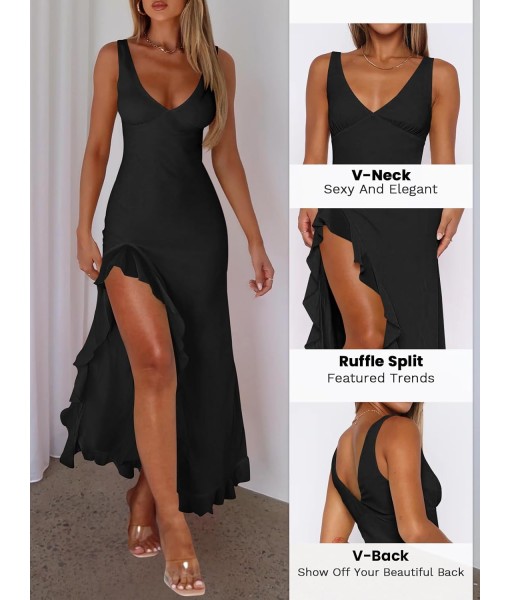 Women Sexy V Neck Sleeveless Mesh Ruffle Hem Bodycon Maxi Casual Backless High Slit Cocktail Party Dress
