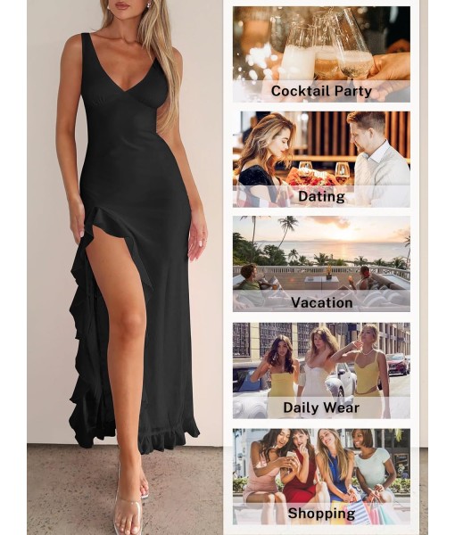 Women Sexy V Neck Sleeveless Mesh Ruffle Hem Bodycon Maxi Casual Backless High Slit Cocktail Party Dress