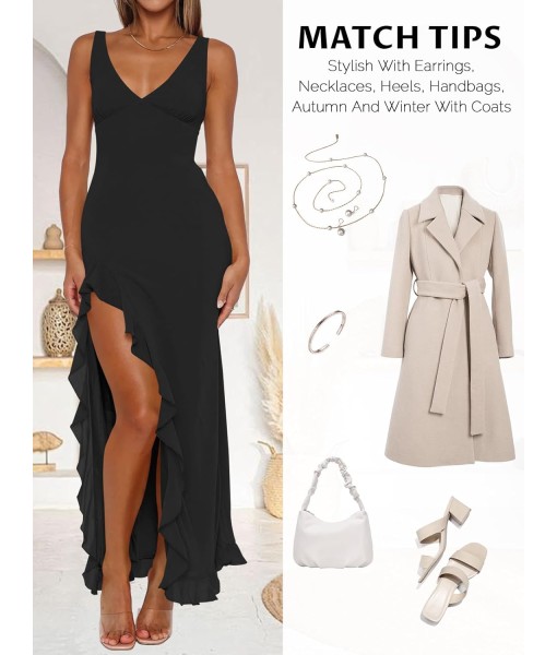 Women Sexy V Neck Sleeveless Mesh Ruffle Hem Bodycon Maxi Casual Backless High Slit Cocktail Party Dress