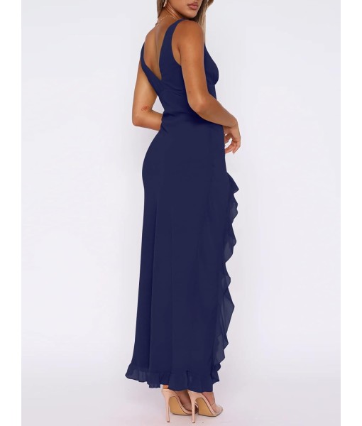 Women Sexy V Neck Sleeveless Mesh Ruffle Hem Bodycon Maxi Casual Backless High Slit Cocktail Party Dress