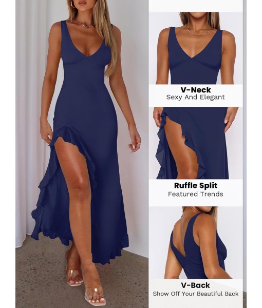 Women Sexy V Neck Sleeveless Mesh Ruffle Hem Bodycon Maxi Casual Backless High Slit Cocktail Party Dress