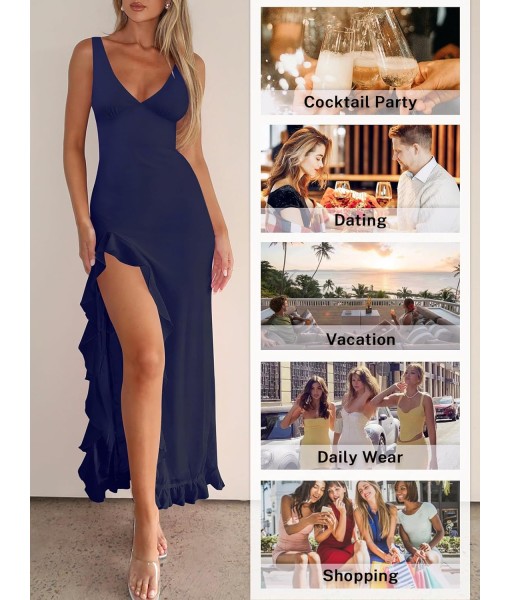 Women Sexy V Neck Sleeveless Mesh Ruffle Hem Bodycon Maxi Casual Backless High Slit Cocktail Party Dress
