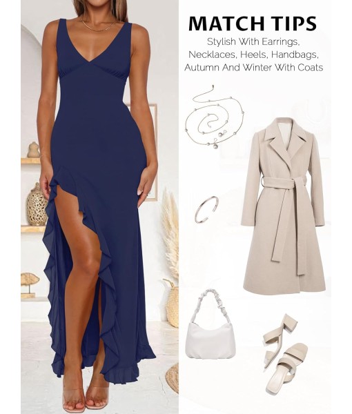 Women Sexy V Neck Sleeveless Mesh Ruffle Hem Bodycon Maxi Casual Backless High Slit Cocktail Party Dress