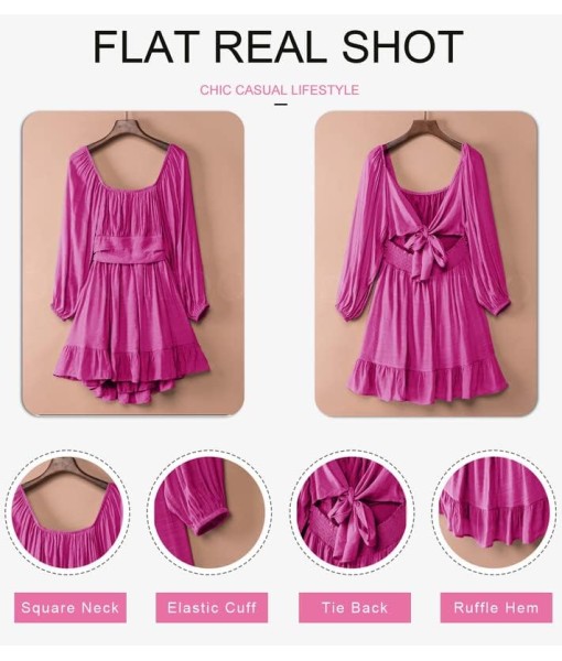 Dokotoo Womens Dress Long Lantern Sleeve Square Neck Tie Backless Sexy Dress Ruffle Elastic Waist A-Line Mini Dress