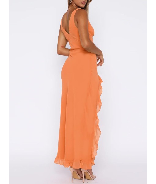 Women Sexy V Neck Sleeveless Mesh Ruffle Hem Bodycon Maxi Casual Backless High Slit Cocktail Party Dress