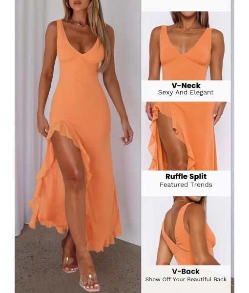 Women Sexy V Neck Sleeveless Mesh Ruffle Hem Bodycon Maxi Casual Backless High Slit Cocktail Party Dress