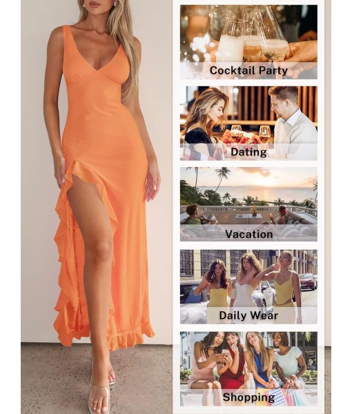 Women Sexy V Neck Sleeveless Mesh Ruffle Hem Bodycon Maxi Casual Backless High Slit Cocktail Party Dress
