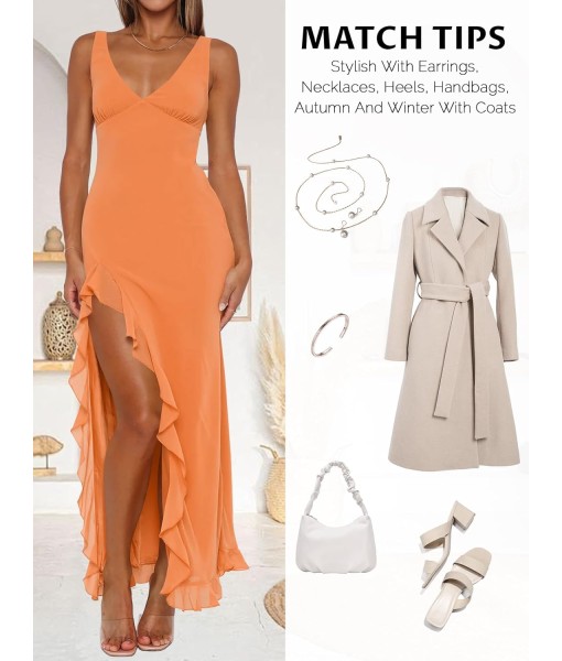 Women Sexy V Neck Sleeveless Mesh Ruffle Hem Bodycon Maxi Casual Backless High Slit Cocktail Party Dress